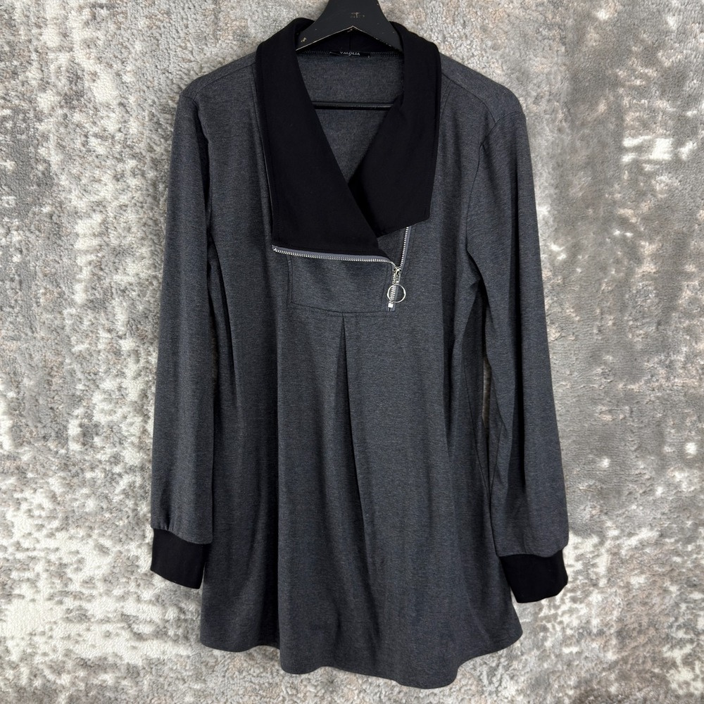 Valolia Size M Stretch V Neck Casual‎ Sweater Shirt Gray Long Sleeve Zipper